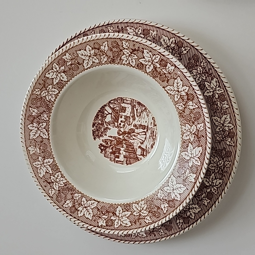 8 Pc Vintage Old Classic Prints Ohio Brown Transferware 6" Bowls, 7.25" Plates